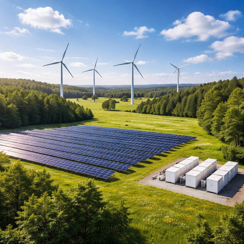 Renewable energy landscape with solar panels and wind turbines